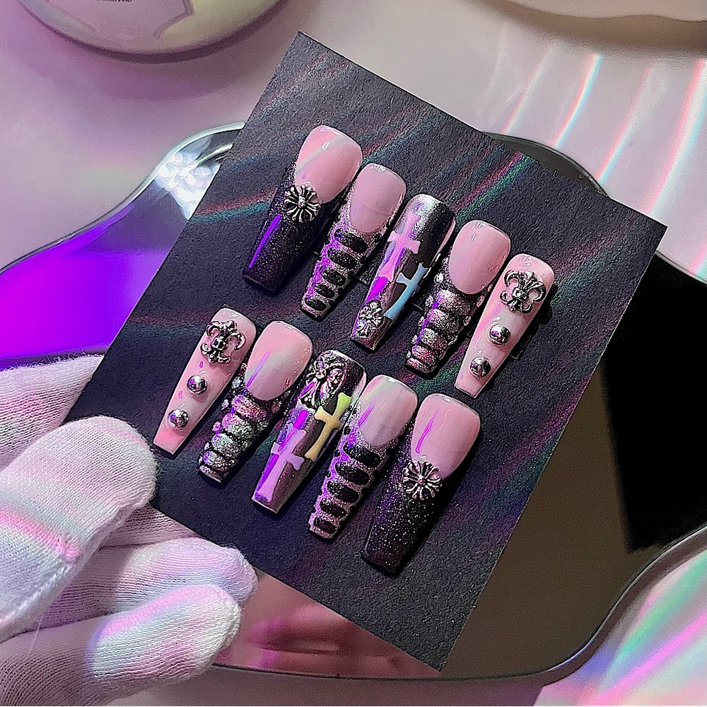💫🪩 CHROME CROSS Reusable Press On Nails